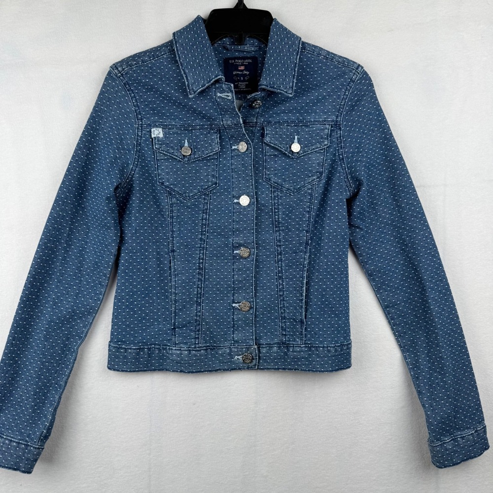 US Polo Assn Womens Denim Jacket Polka Dot Blue Jean Jacket Small‎ 2D11